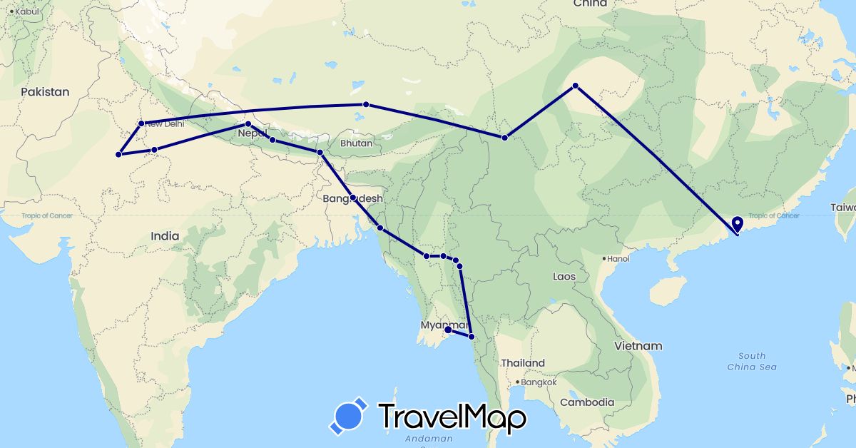 TravelMap itinerary: driving in Bangladesh, China, Hong Kong, India, Myanmar (Burma), Nepal (Asia)